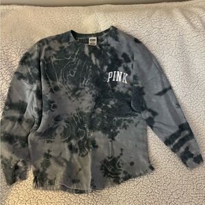 Pink brand sweatshirt. Gray and Blueish gray tie dye.
